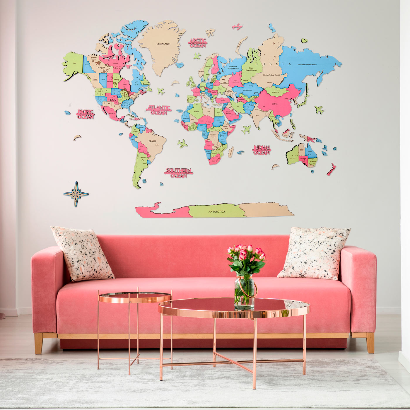 3d wooden world map. Wall wooden decor. Wooden world map in soft colors for kids. Ksilart