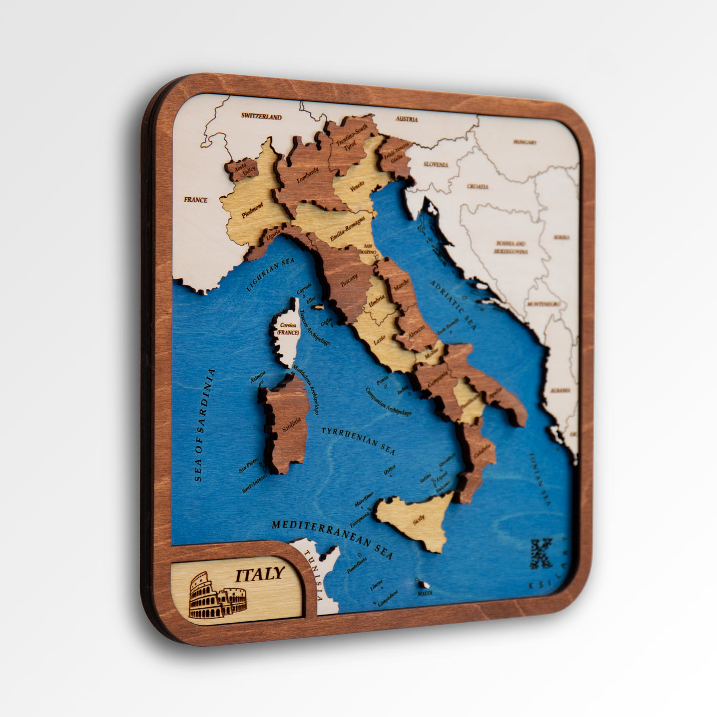 Wooden mini map of Italy. Wall decor. Wooden country mini maps by Ksilart