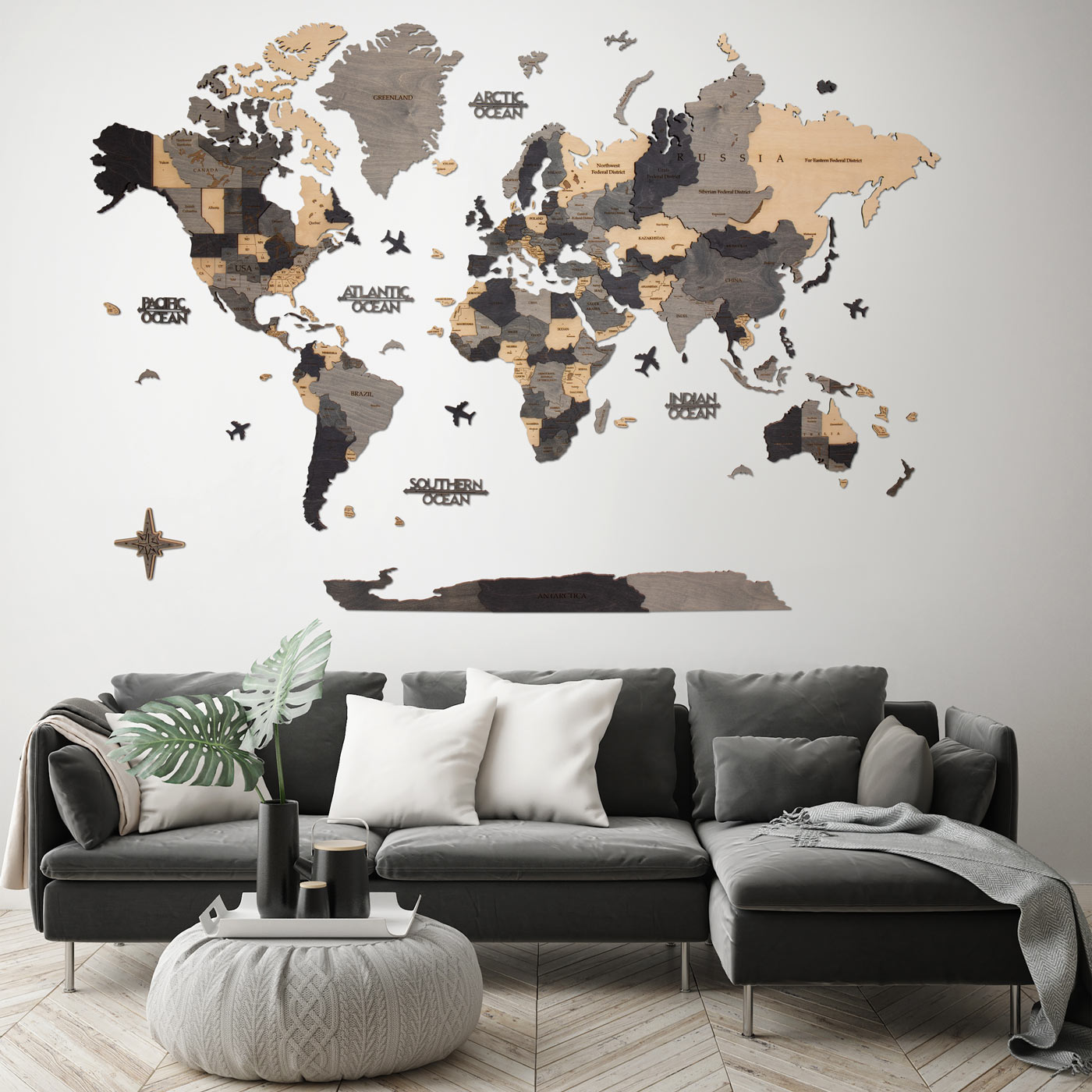 3d wooden world map. Wall wooden decor. Map with gray and beige shades. Ksilart