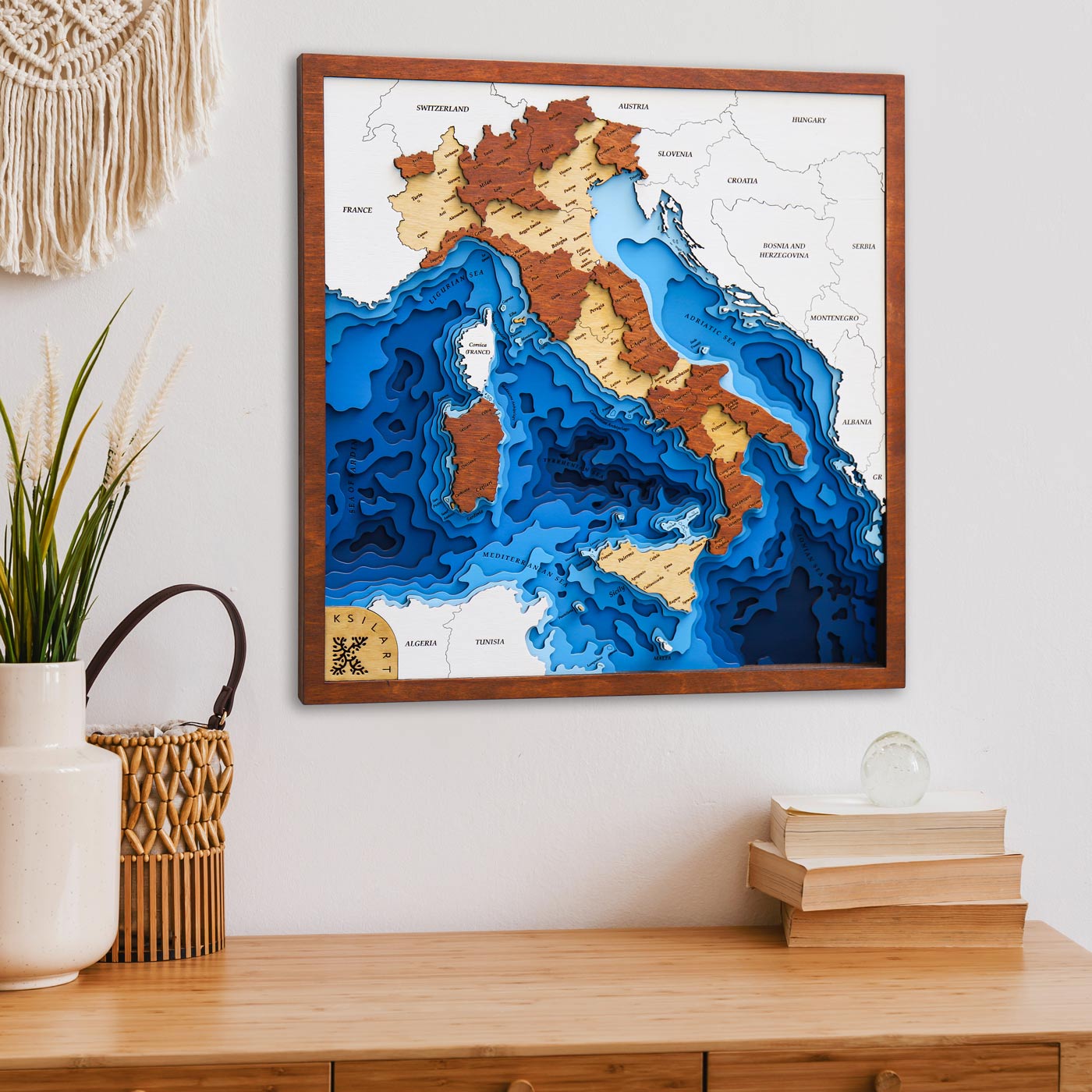 Italian Wooden layered Map. Brown color