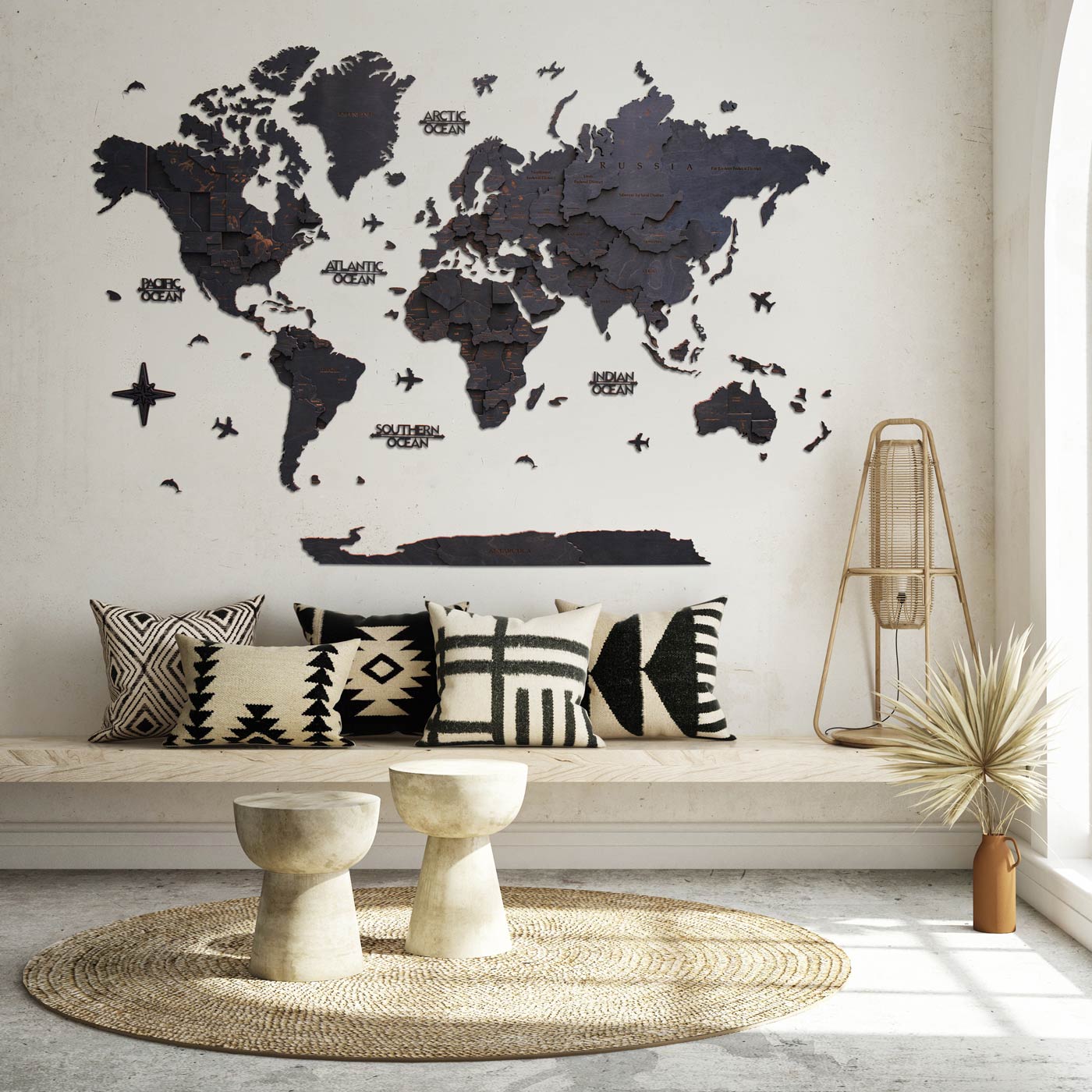 Black wooden world map. Wall decor. Ksilart