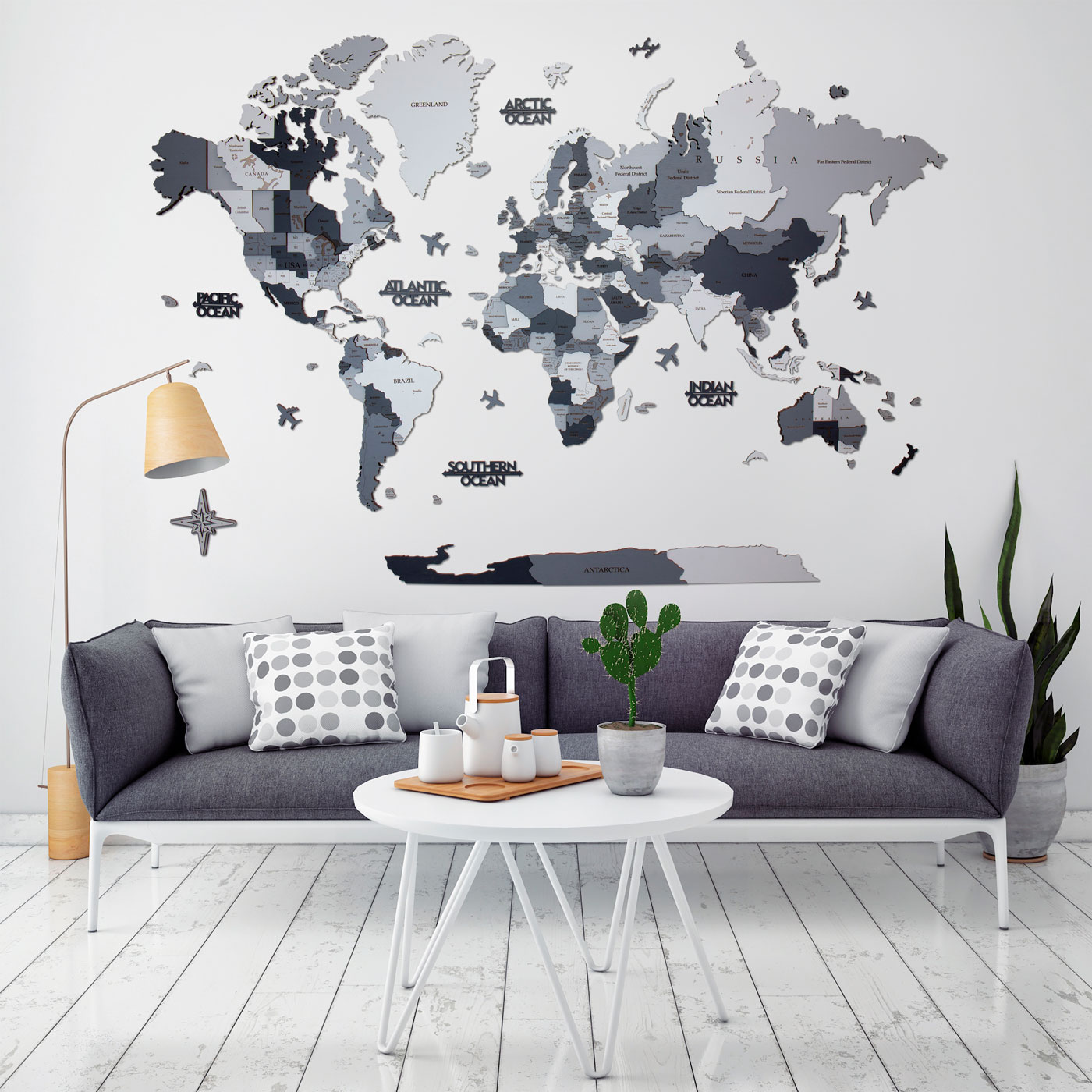 Τρισδιάστατος ξύλινος παγκόσμιος χάρτης. Ξύλινη διακόσμηση τοίχου. Αστικά χρώματα καμουφλάζ του χάρτη από την Ksilart. Γκρι ξύλινος παγκόσμιος χάρτης