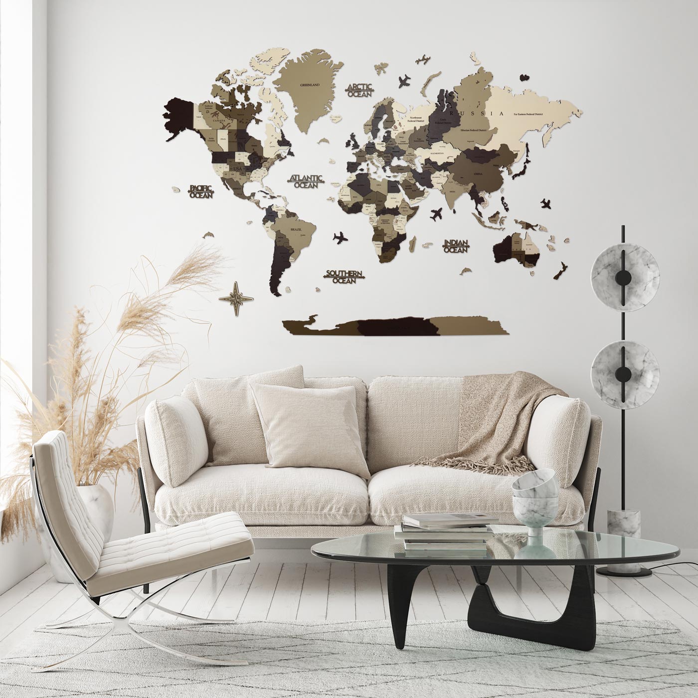 Τρισδιάστατος ξύλινος παγκόσμιος χάρτης. Ξύλινη διακόσμηση τοίχου. Χρώματα του χάρτη Καμουφλάζ από την Ksilart