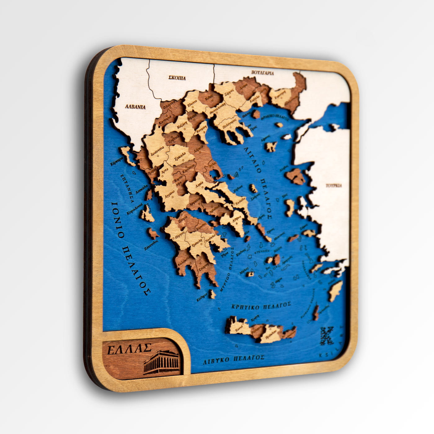 Ξύλινος μίνι χάρτης της Ελλάδας. Διακόσμηση τοίχου. Ξύλινοι μίνι χάρτες χωρών από την Ksilart. Χρώμα Classic Reversed