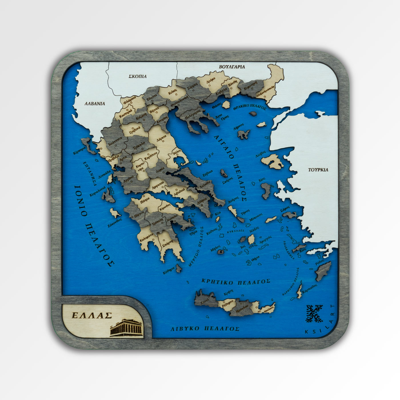 Ξύλινος μίνι χάρτης της Ελλάδας. Διακόσμηση τοίχου. Ξύλινοι μίνι χάρτες χωρών από την Ksilart. Χρώμα Wenge
