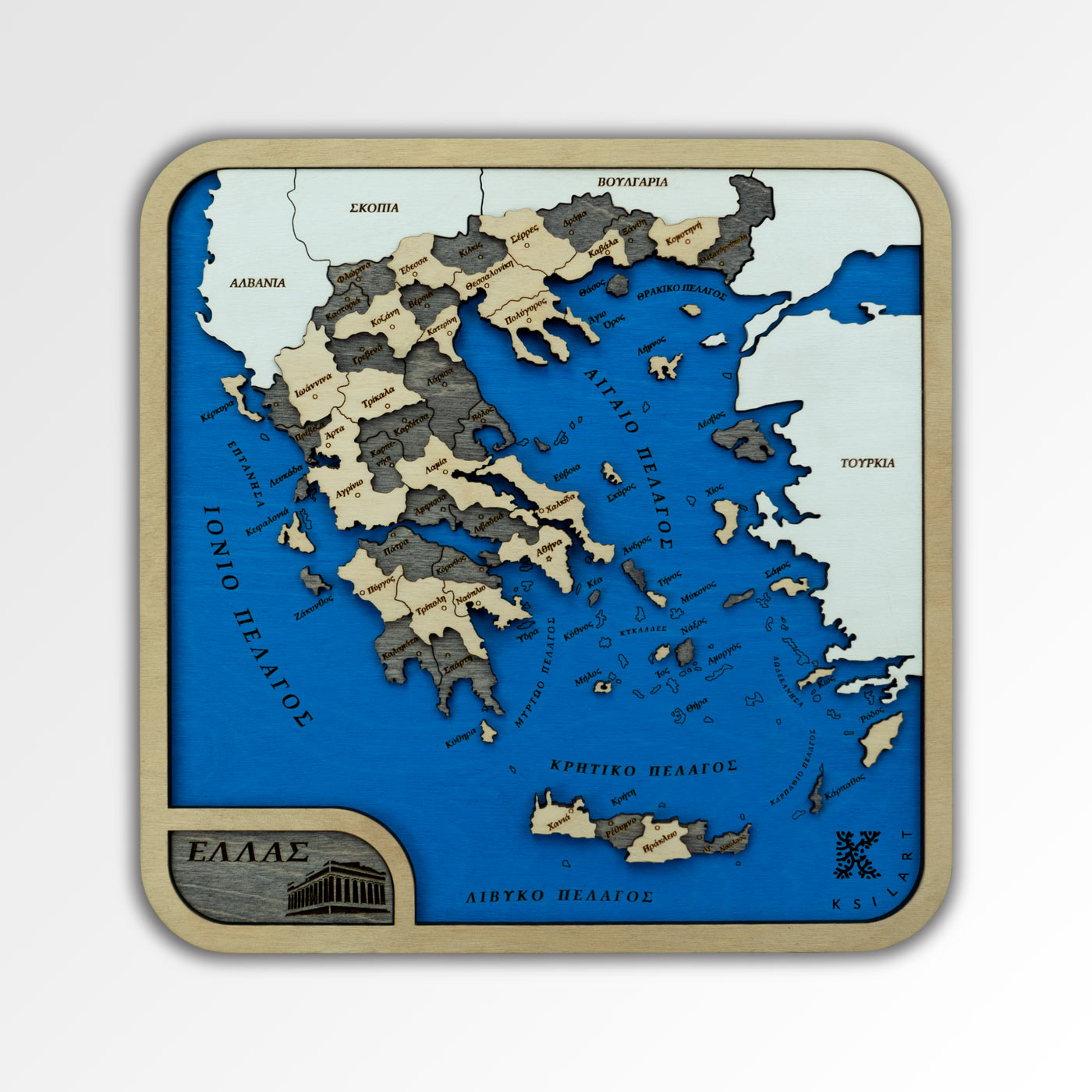 Ξύλινος μίνι χάρτης της Ελλάδας. Διακόσμηση τοίχου. Ξύλινοι μίνι χάρτες χωρών από την Ksilart. Χρώμα Wenge Reversed