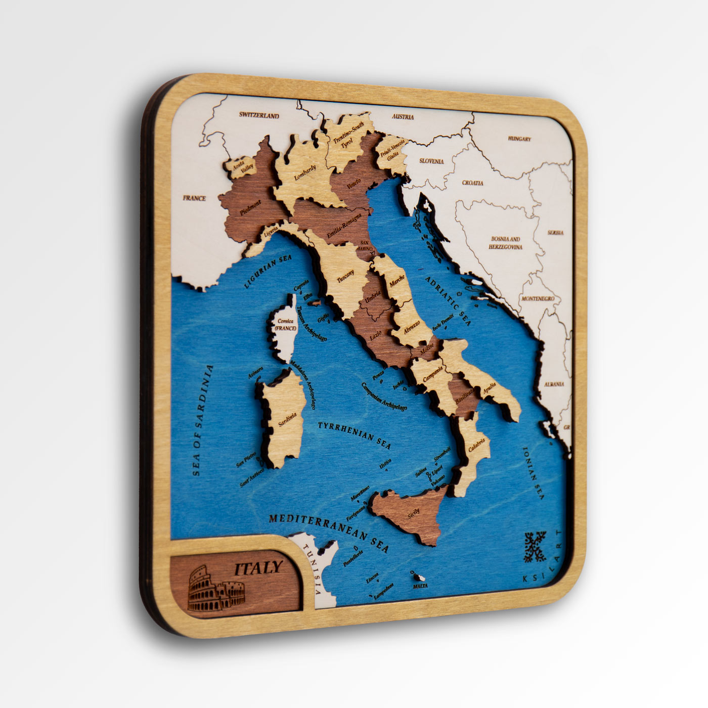 Ksilart. Ξύλινος μίνι χάρτης της Ιταλίας. Διακόσμηση τοίχου. Ξύλινοι μίνι χάρτες χωρών
