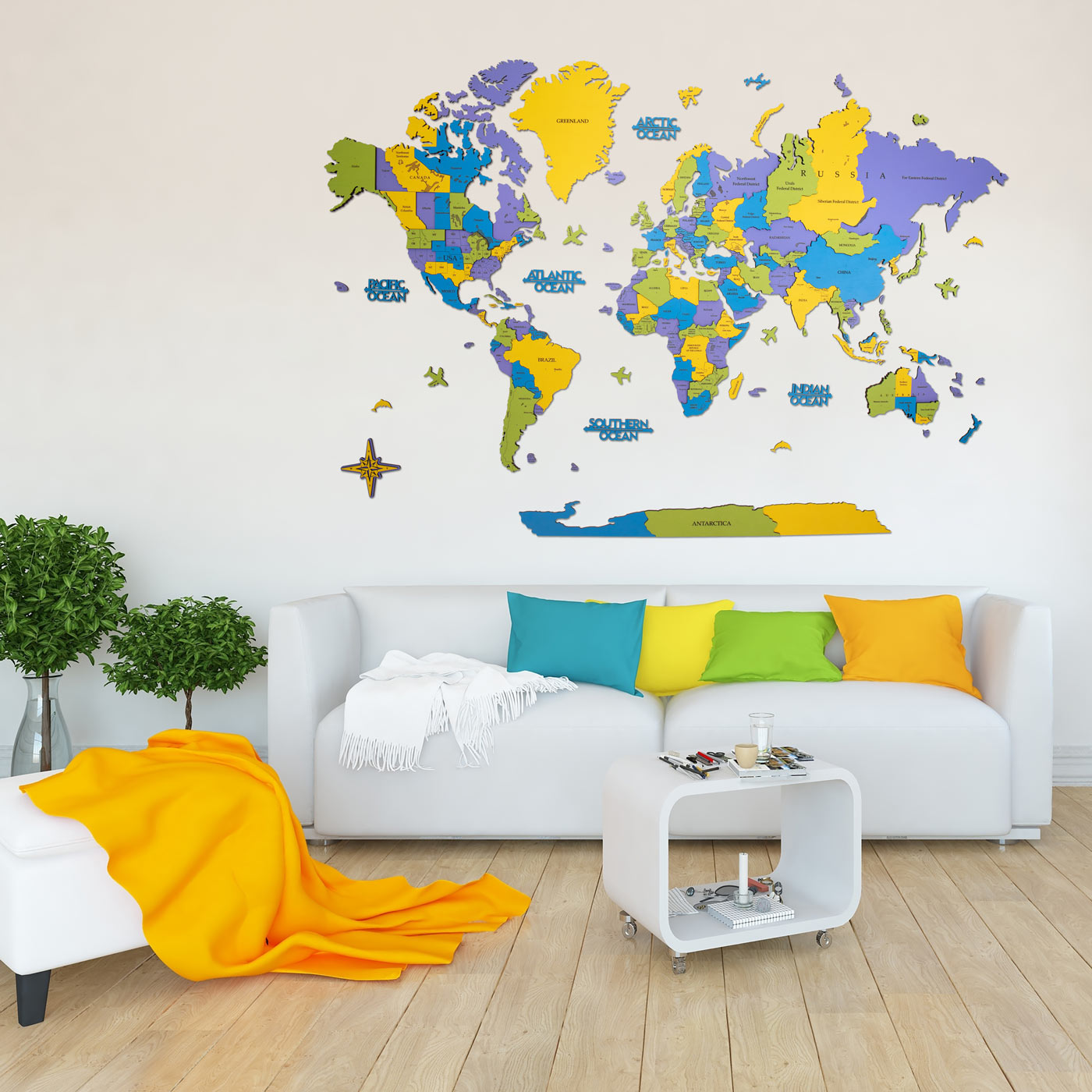 Τρισδιάστατος ξύλινος παγκόσμιος χάρτης. Ξύλινη διακόσμηση τοίχου. Πολύχρωμος παγκόσμιος χάρτης για παιδιά. Ksilart