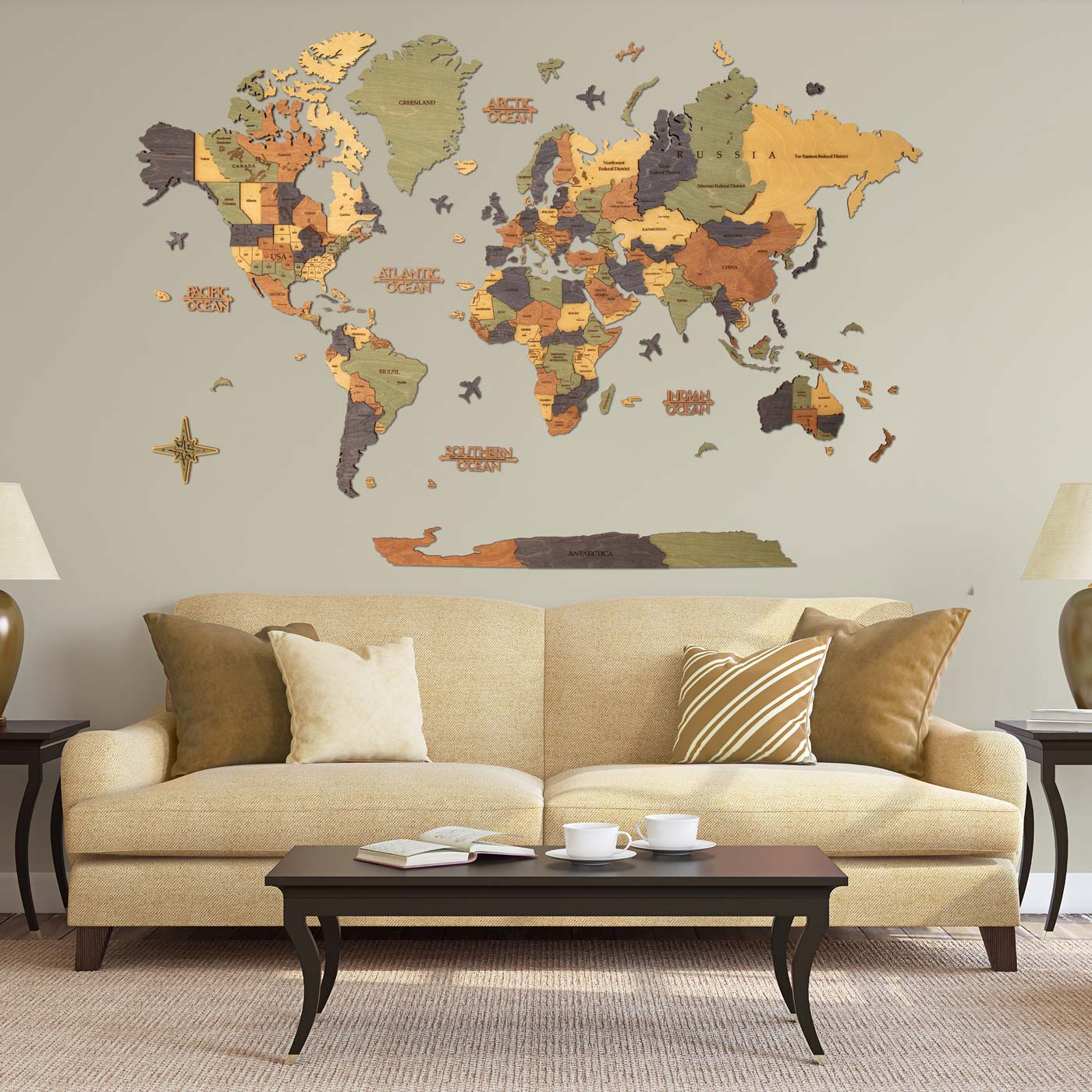 Τρισδιάστατος ξύλινος παγκόσμιος χάρτης. Ξύλινη διακόσμηση τοίχου. Χρώμα χάρτη Terrian. Ksilart