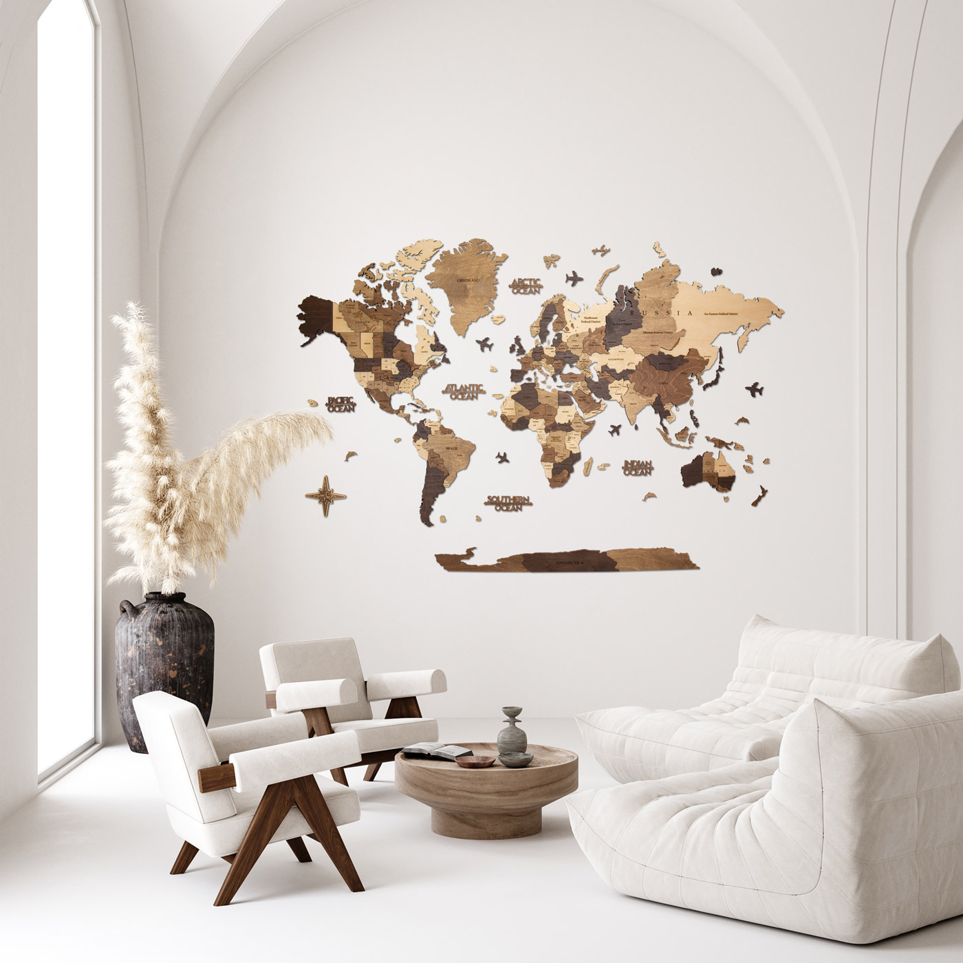 Τρισδιάστατος ξύλινος παγκόσμιος χάρτης. Ξύλινη διακόσμηση τοίχου. Χάρτης με χρώματα καρυδιάς. Ksilart