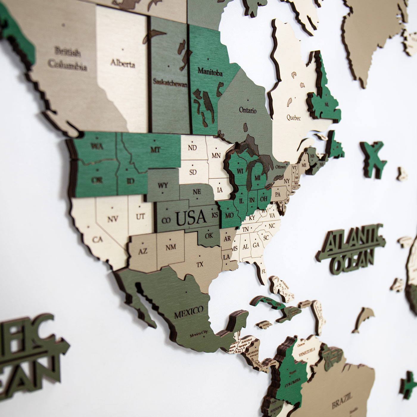 Τρισδιάστατος ξύλινος παγκόσμιος χάρτης. Ξύλινη διακόσμηση τοίχου. Χρώματα καμουφλάζ από την Ksilart