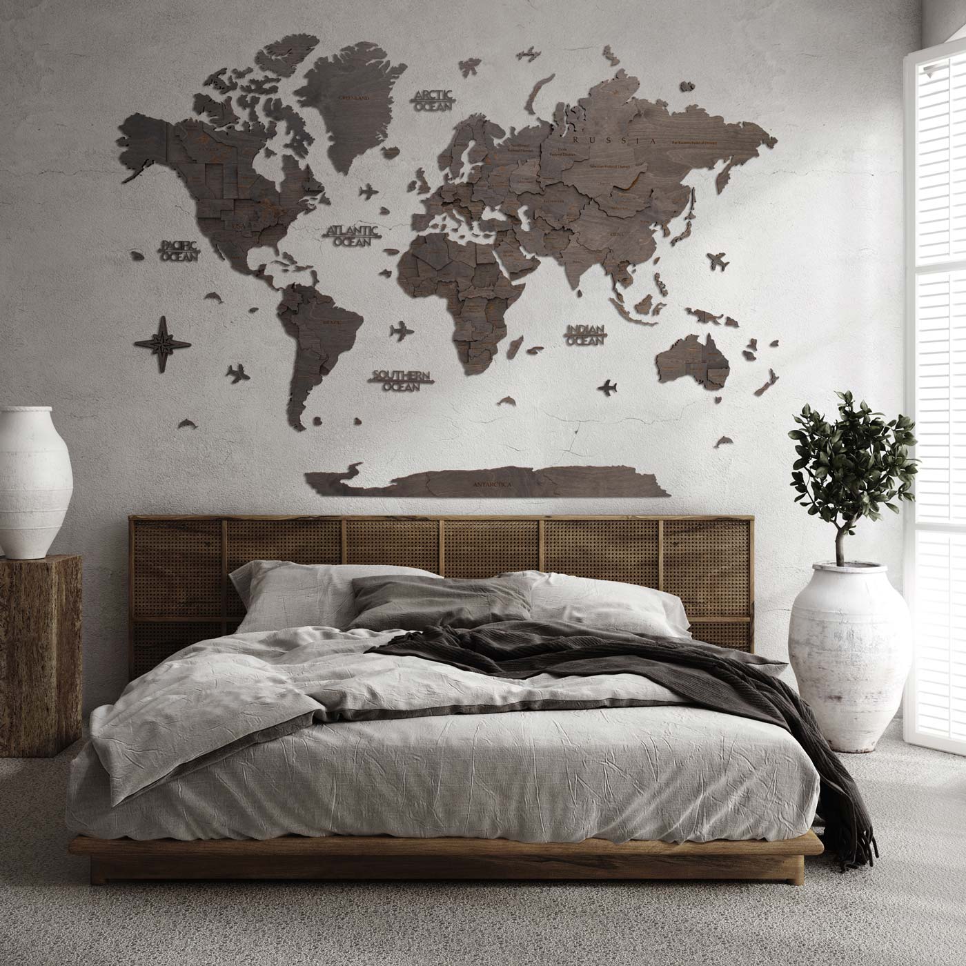 Τρισδιάστατος ξύλινος παγκόσμιος χάρτης Ebony. Ξύλινη διακόσμηση τοίχου. Ksilart