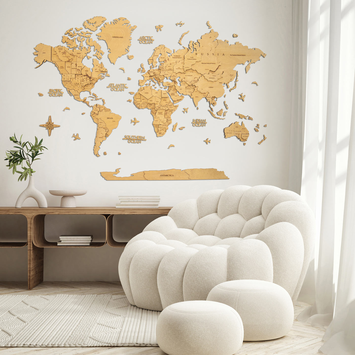 Ξύλινος παγκόσμιος χάρτης σε χρώμα βελανιδιάς. Ξύλινη διακόσμηση τοίχου. Ksilart