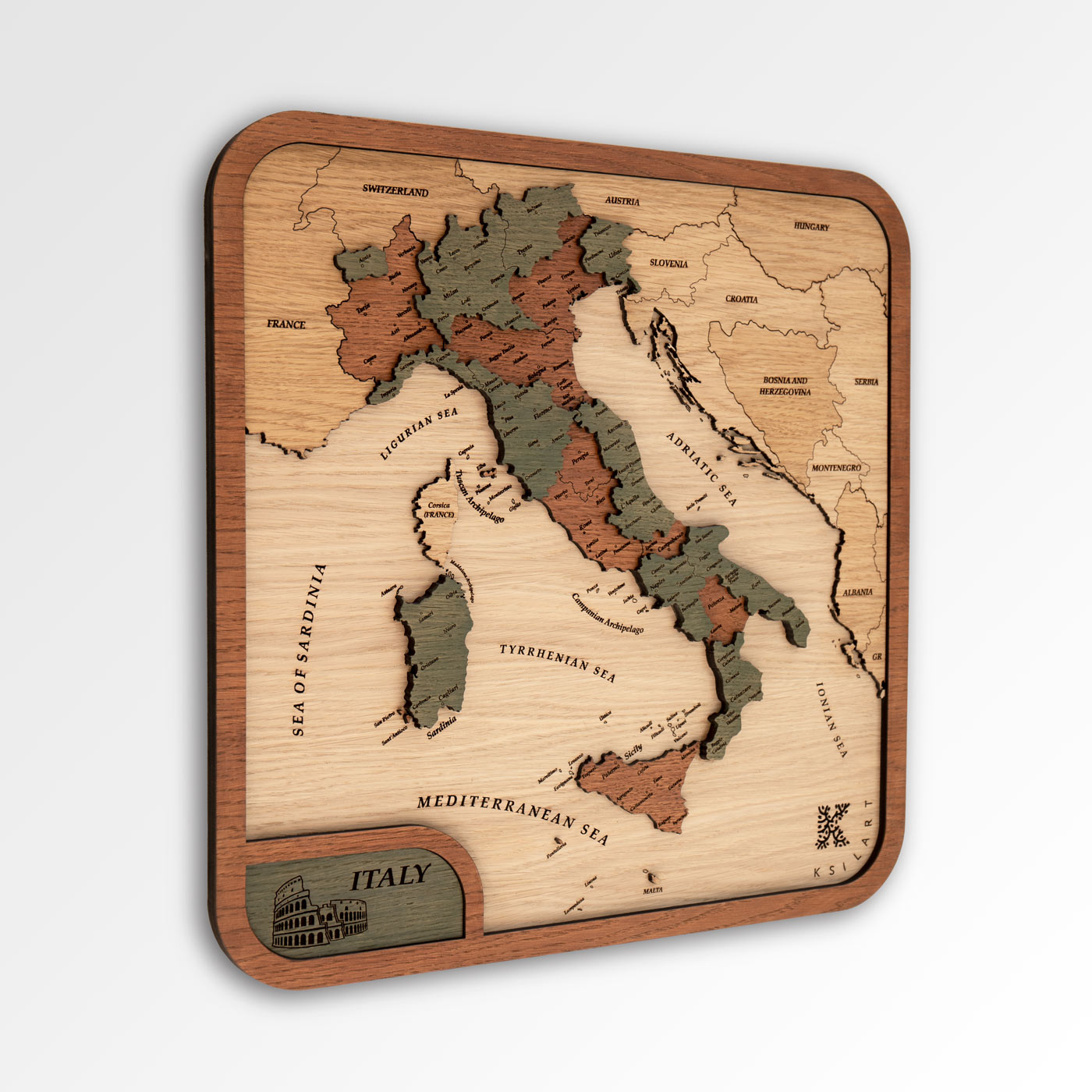 Ξύλινος χάρτης της Ιταλίας. Διακόσμηση τοίχου. Ξύλινοι χάρτες χωρών. Ksilart