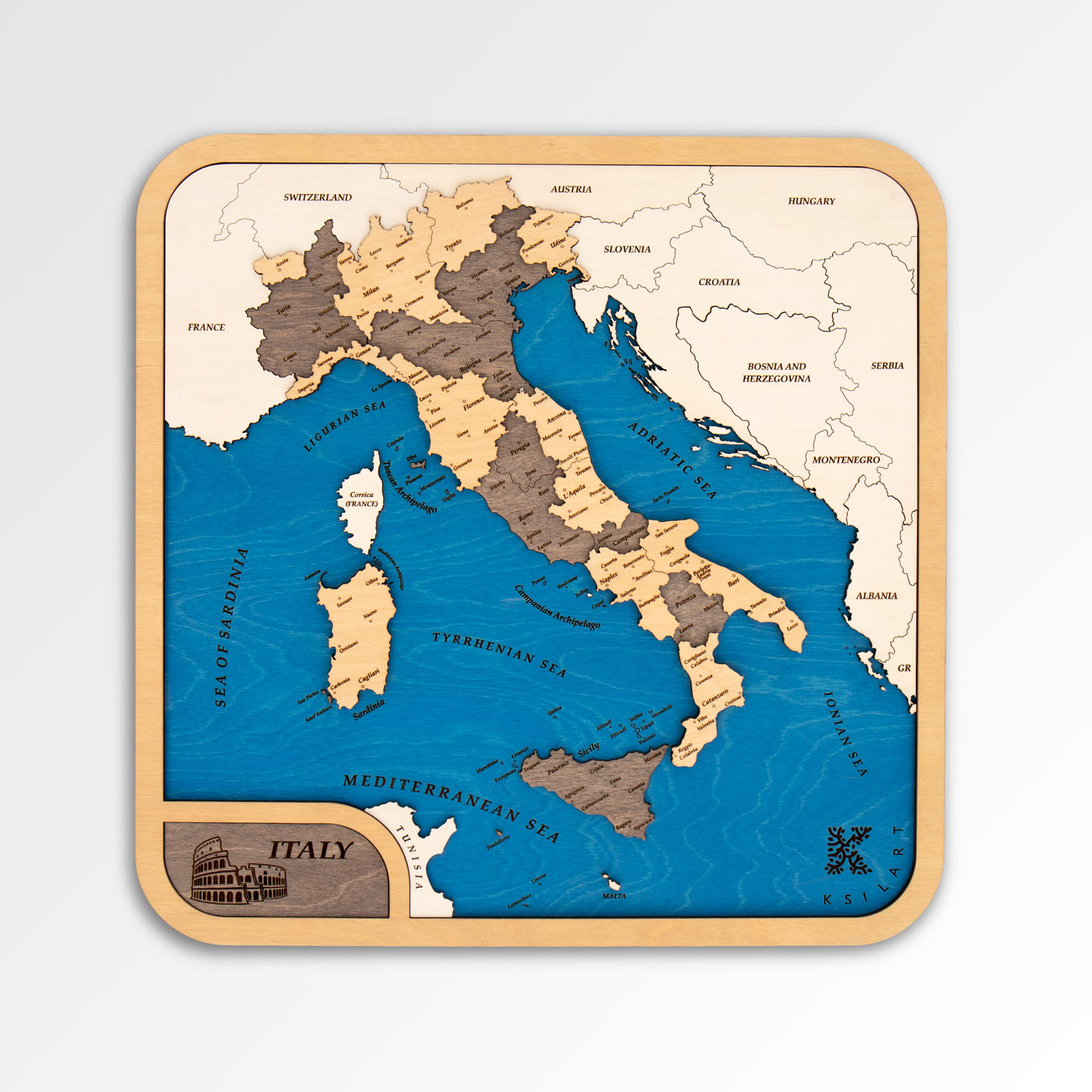 Ξύλινος χάρτης της Ιταλίας. Διακόσμηση τοίχου. Ξύλινοι χάρτες χωρών. Ksilart