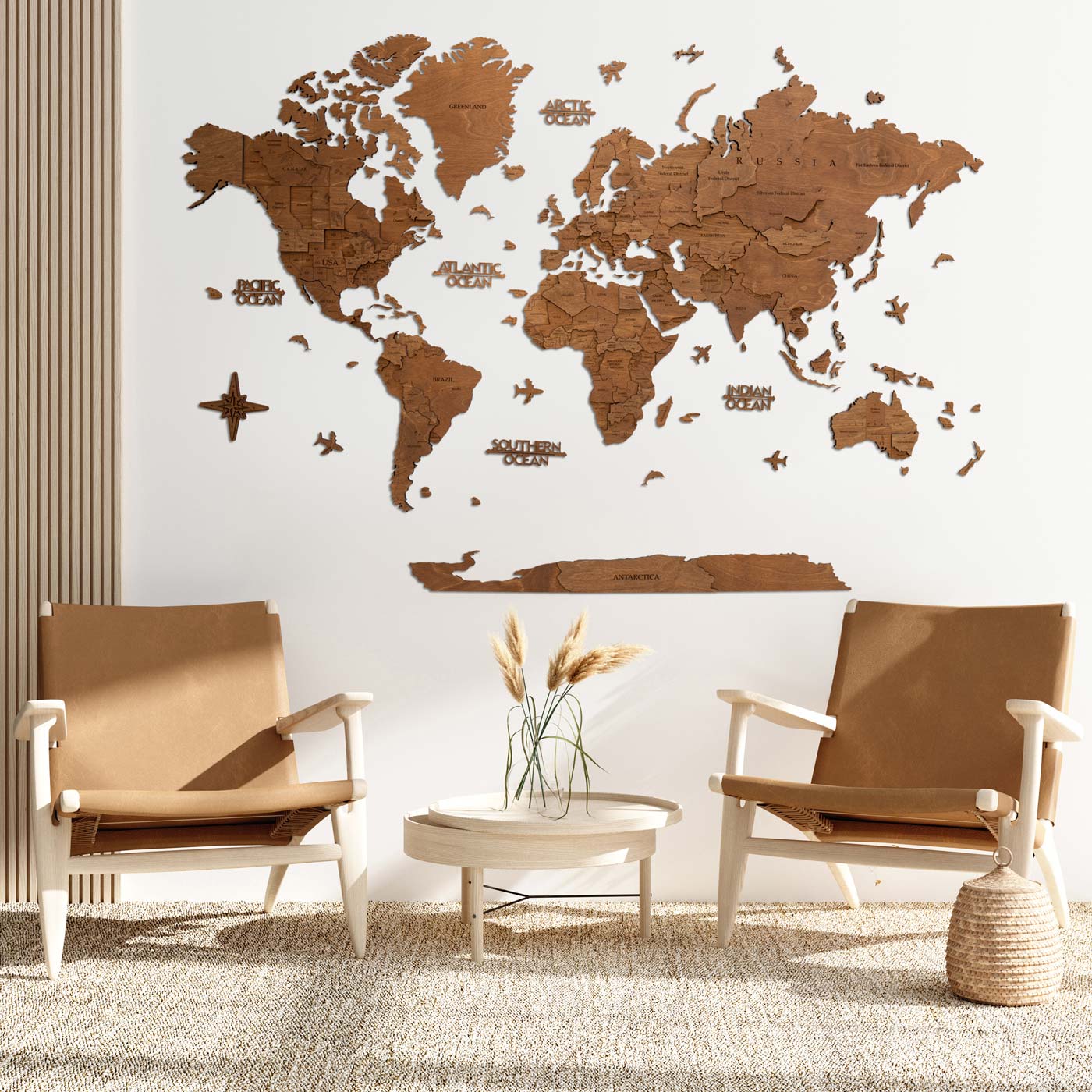 Καφέ 3d ξύλινος παγκόσμιος χάρτης. Διακόσμηση τοίχου. Ksilart