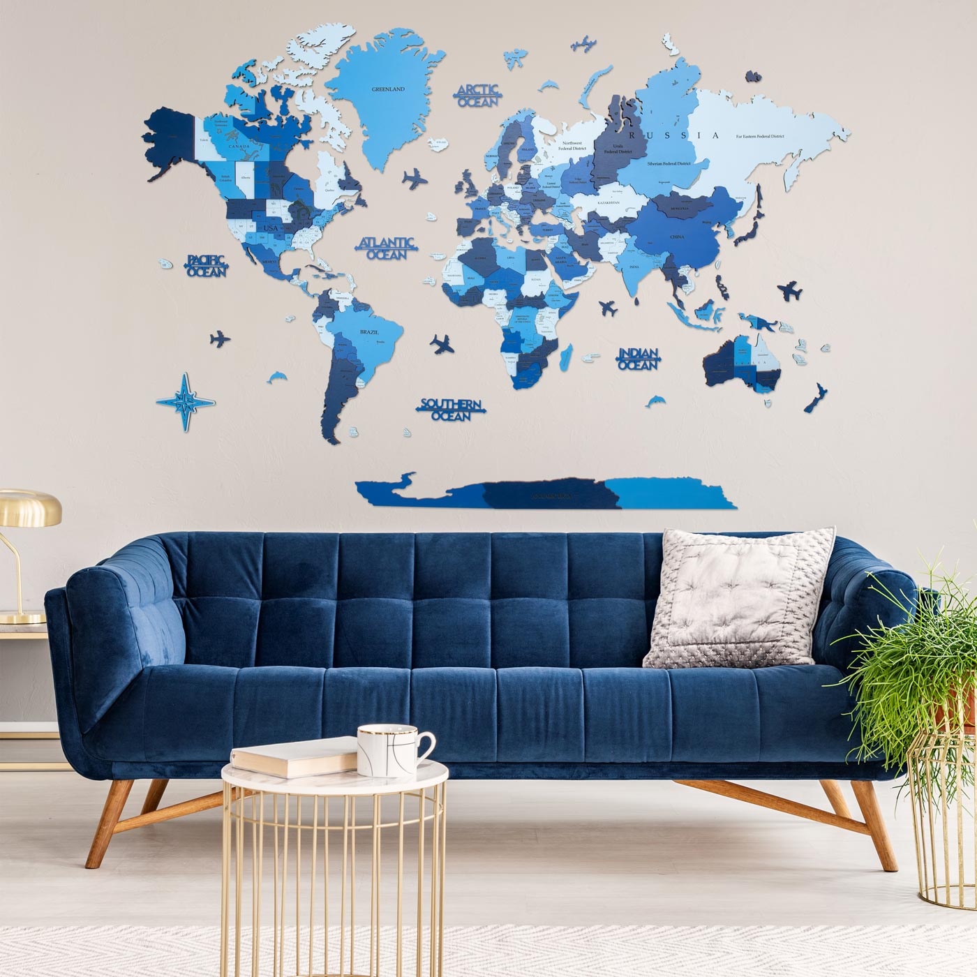 3d wooden world map. Wall wooden decor. Map with blue shades. Ksilart