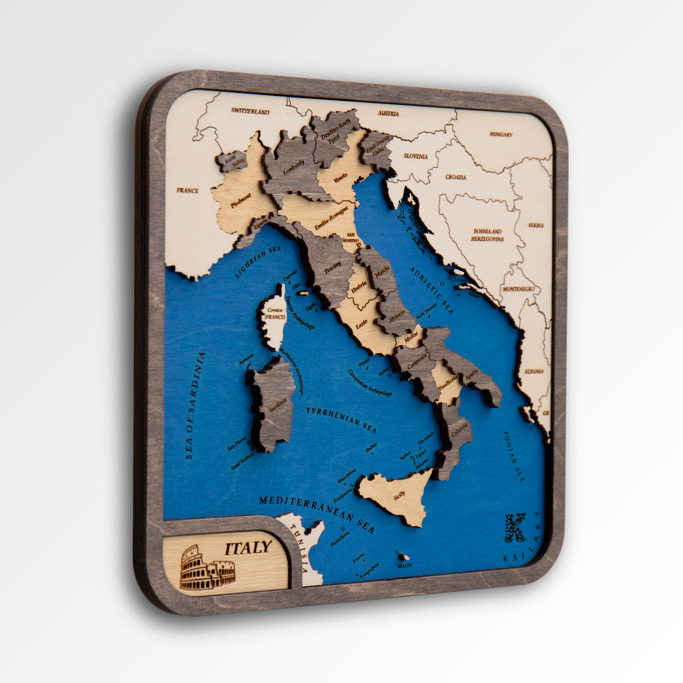 Wooden mini map of Italy. Wenge color. Wooden country mini maps by Ksilart