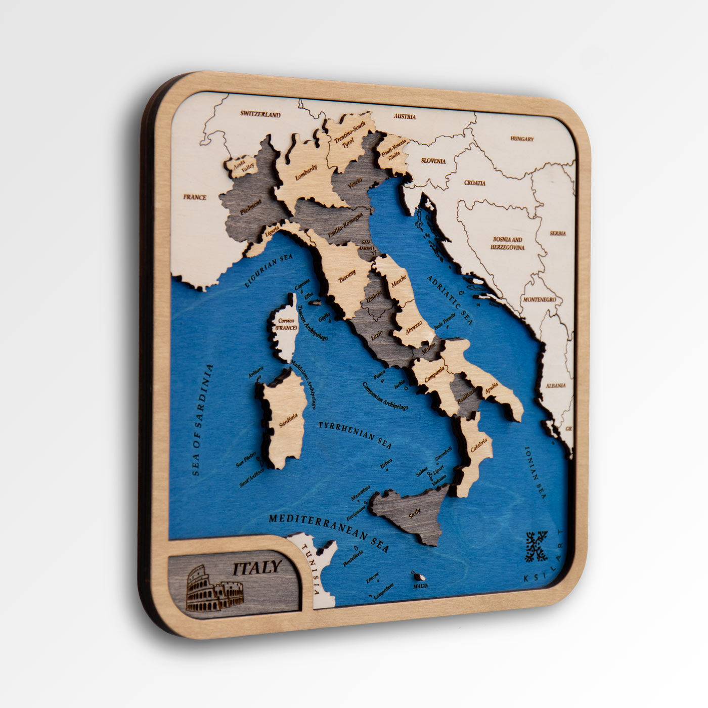 Ksilart. Wooden mini map of Italy. Wall decor. Wooden country mini maps