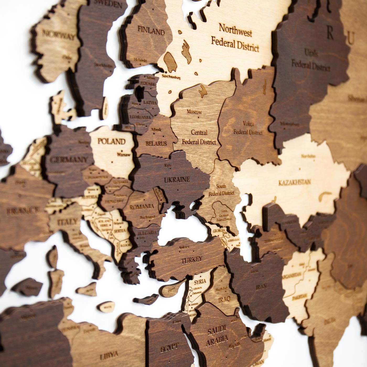 3d wooden world map. Wall wooden decor. Walnut colors map. Ksilart