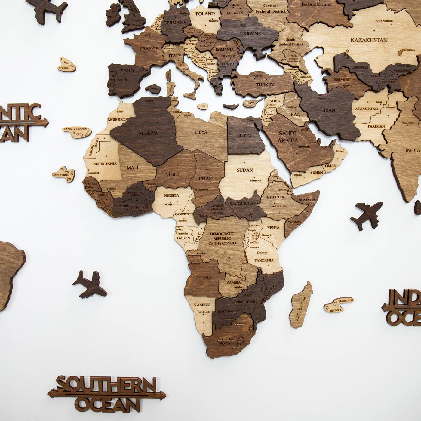 3d wooden world map. Wall wooden decor. Walnut colors map. Ksilart
