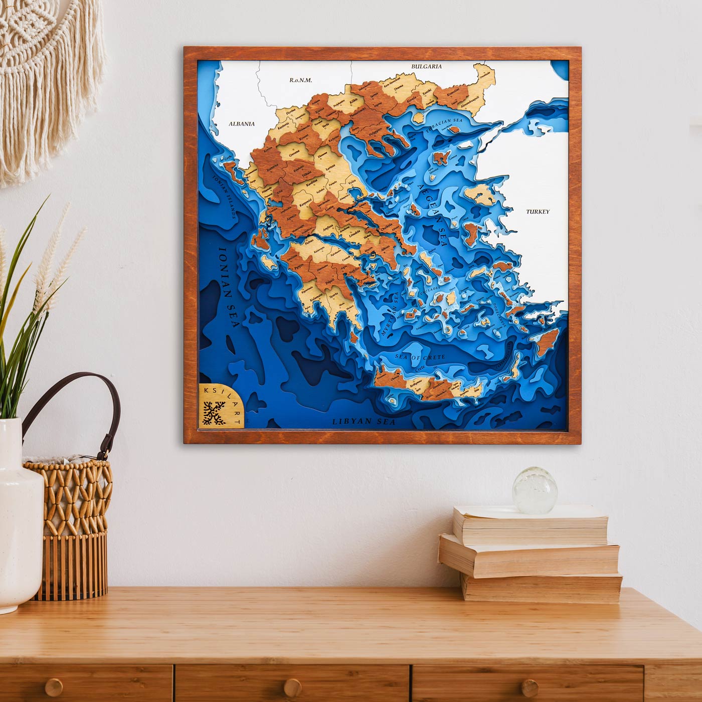 Layered Wooden Map of Greece. Brown color