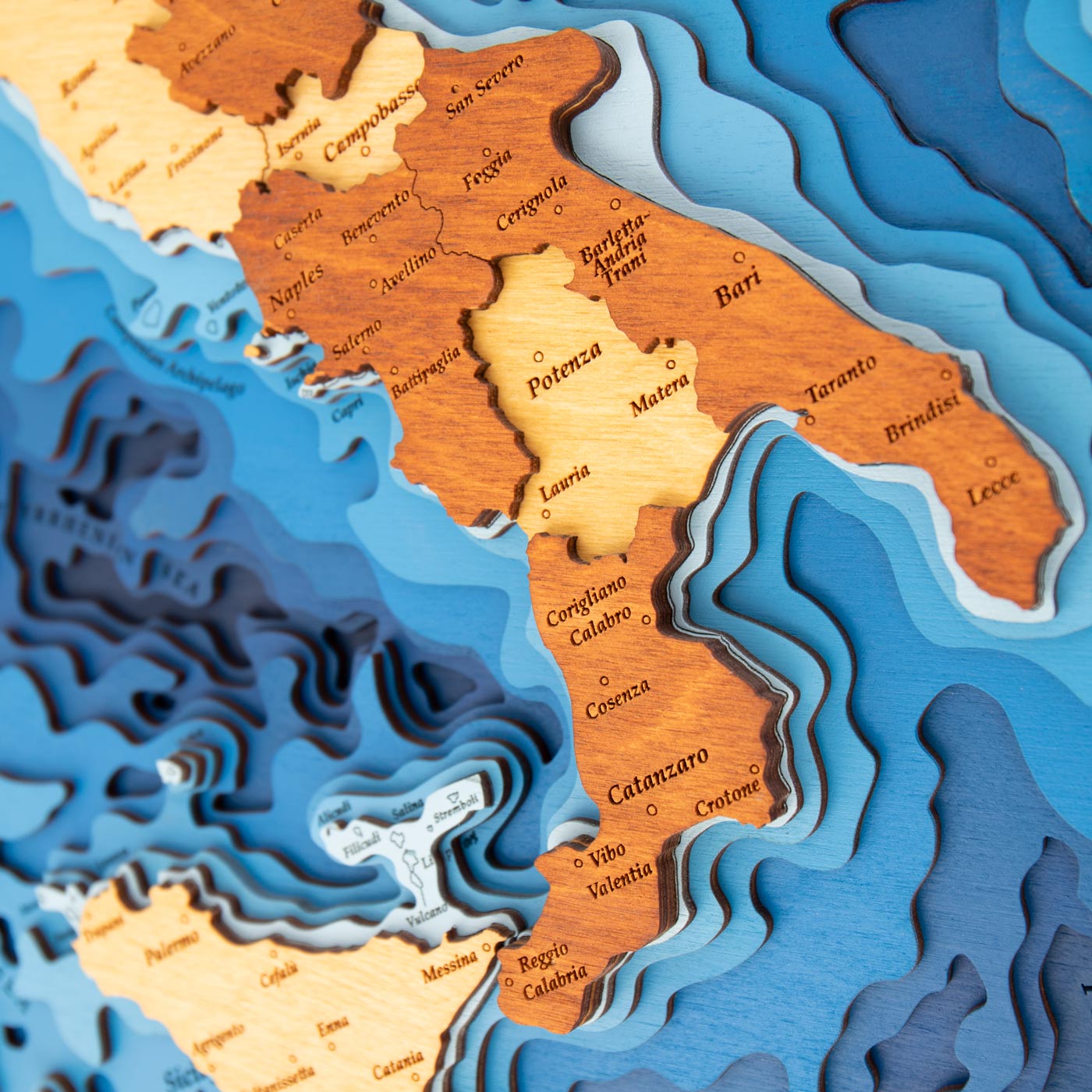 Layered Wooden Map of Italy. Brown color