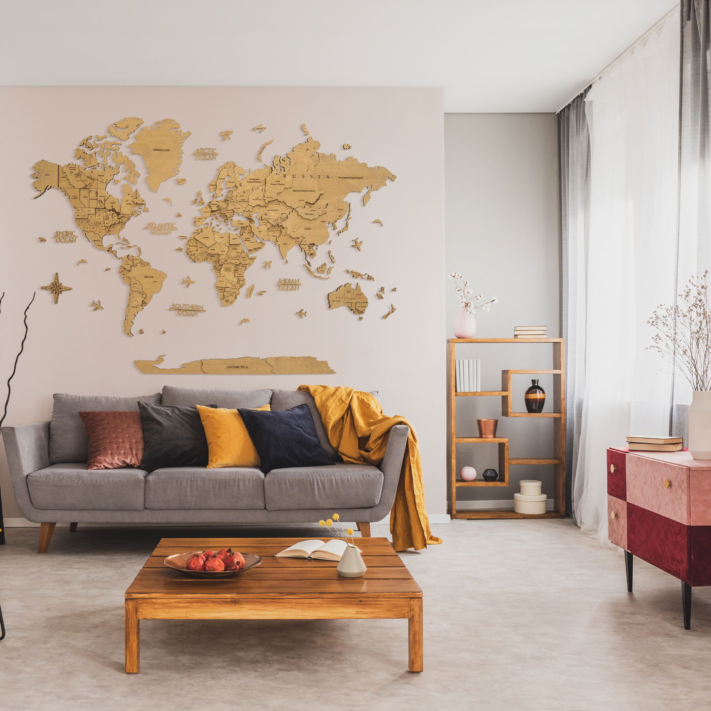 Oak 3d wooden world map. Wall wooden decor. Ksilart