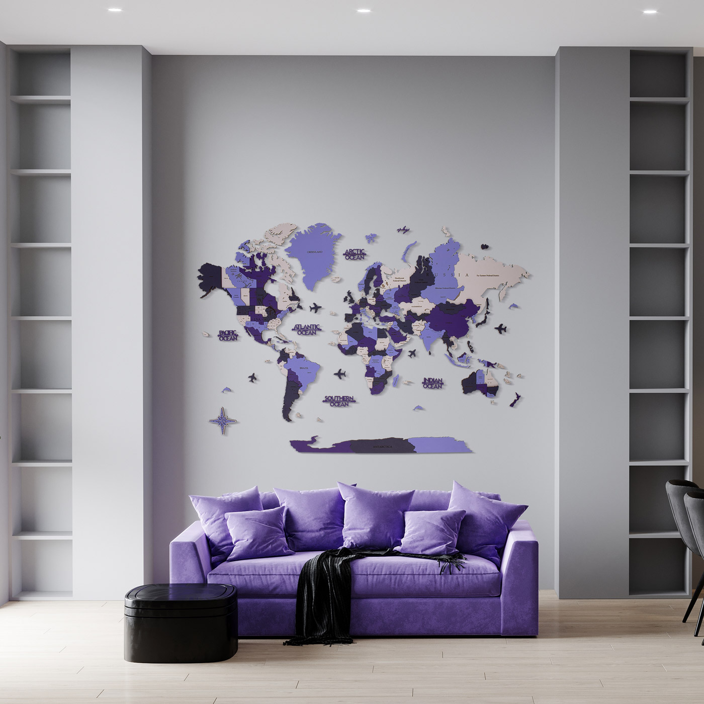 3d wooden world map. Wall wooden decor. Purple colors of map. Ksilart