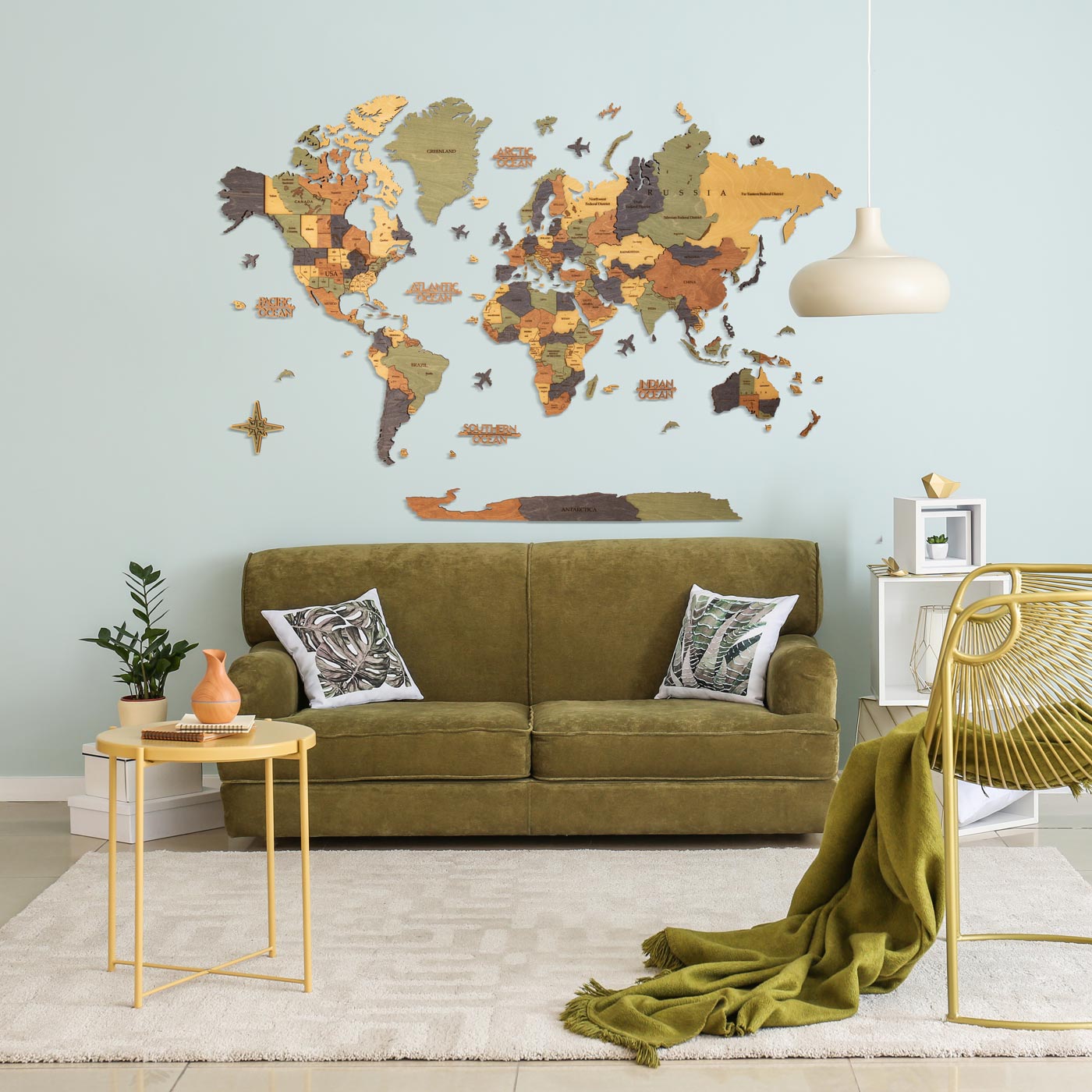 3d wooden world map. Wall wooden decor. Terrian colors of map. Ksilart